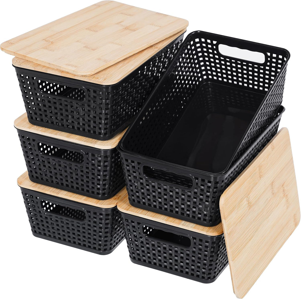 Storage Bins with Lids 6 Packs, Plastic Storage Bins with Bamboo Lids for Pantry Organization and Storage Containers for Shelves Drawers Desktop Closet Office Home, Black - Field & Nook