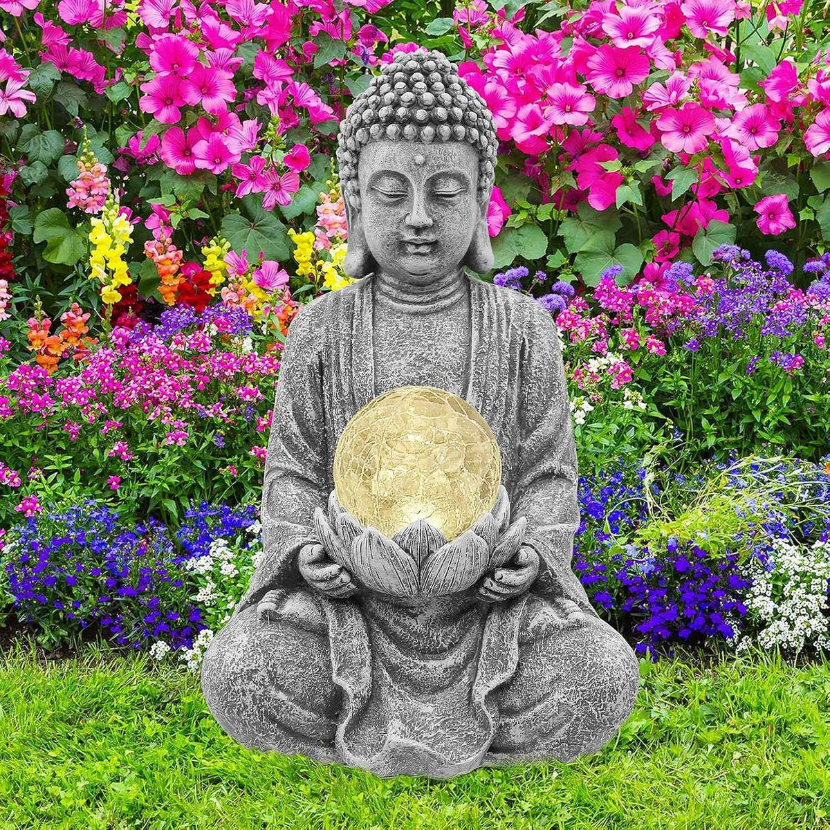Meditating Buddha Statue with Solar Light,Zen Solar Garden Buddha with Cracked Glass Ball Sculpture-Indoor/Outdoor Decor for Balcony,Garden,Patio,Porch Yard Art Ornament,Gift