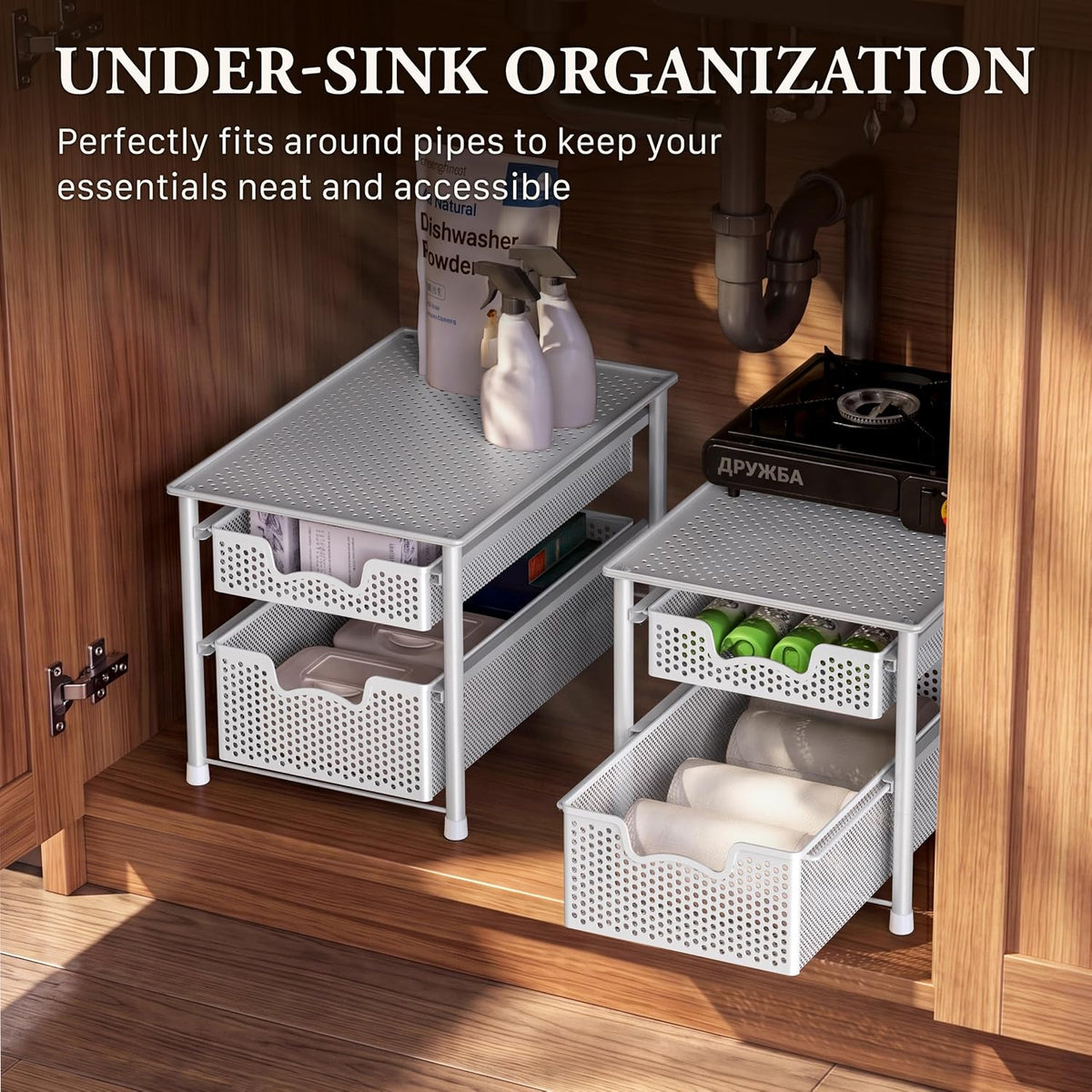 Simple Houseware Stackable 2 Tier Sliding Basket Organizer, White