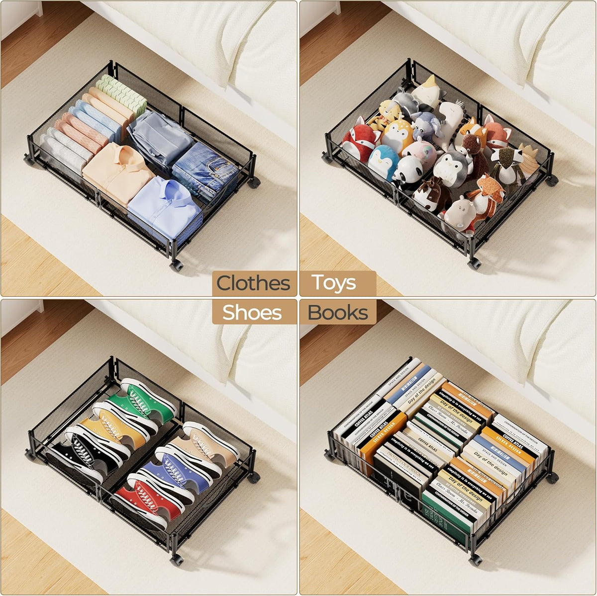 Yecaye Under Bed Storage with Wheels, 2 Pack Under Bed Shoe Storage Organizer Drawer, Tool-free Assembly Metal Underbed Storage Containers for Clothes, Shoes, Toys, Black - Field & Nook