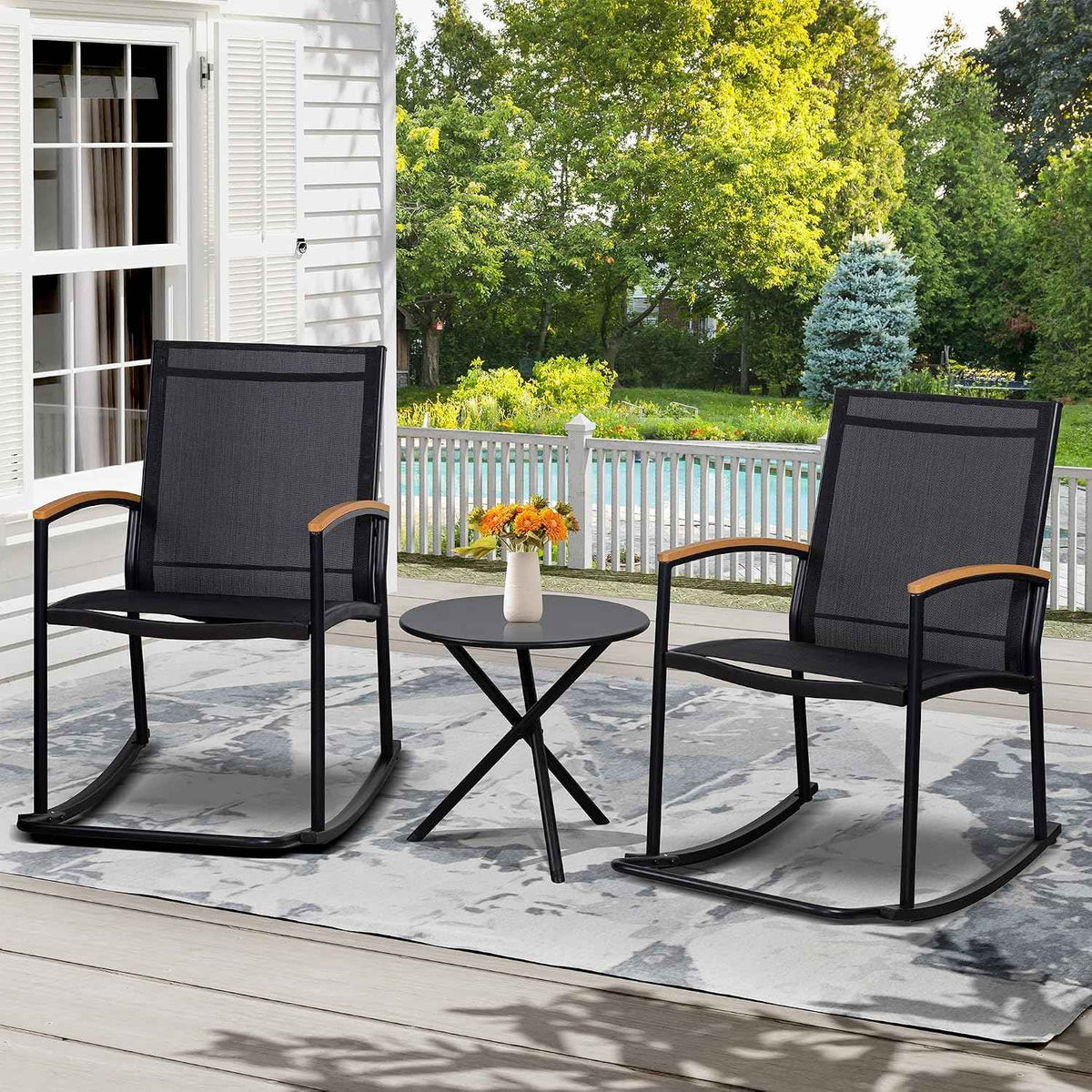 Shintenchi 3 Piece Outdoor Rocking Bistro Set, Textilene Fabric Small