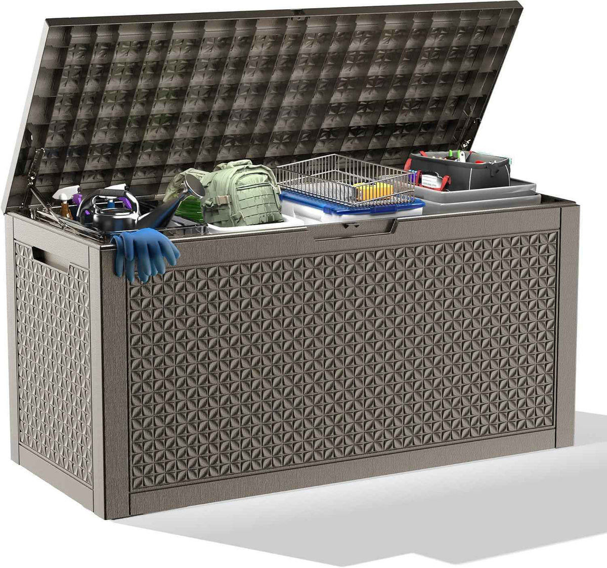 ROJIK 110 Gallon Waterproof Outdoor Deck Storage Box, Lockable Resin Patio Storage Bin with Lid for Garden Tools, Patio Cushions & Outdoor Accessories(Grey)