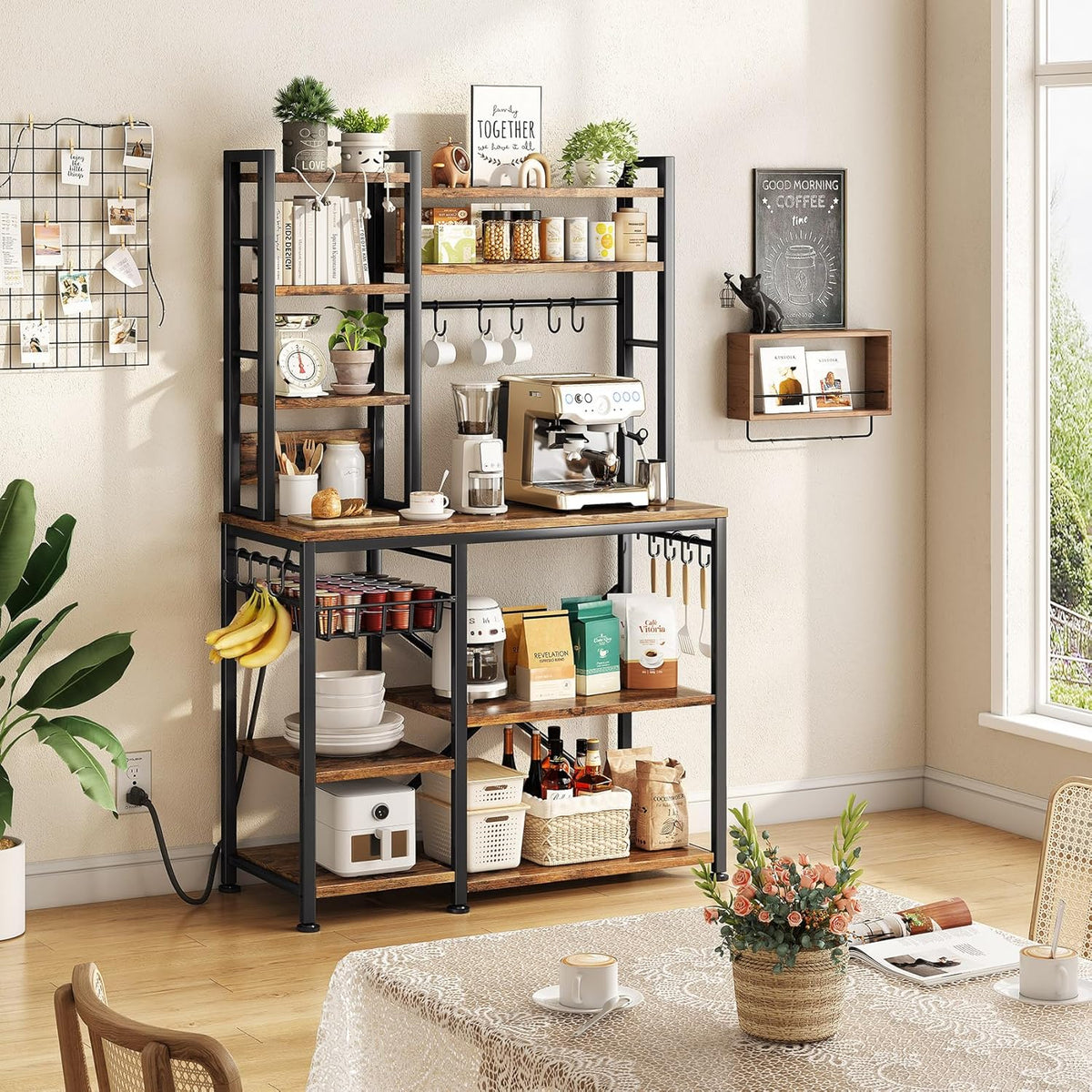 6-Tier Baker's Rack with Power Outlets | Rustic Brown, Metal & Wood, 72" Kitchen Shelf with Pull-Out Basket