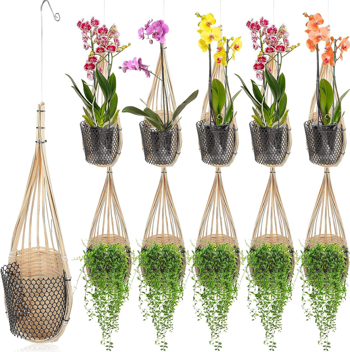 10 Pack Hanging Orchid Planter Thai Bamboo Woven 4 Inch Bird Nest Style Orchid Hanging Basket Bamboo Flower Basket with Metal Hook for Trellis Gazebo Indoor Outdoor Wall Small Flower Planter