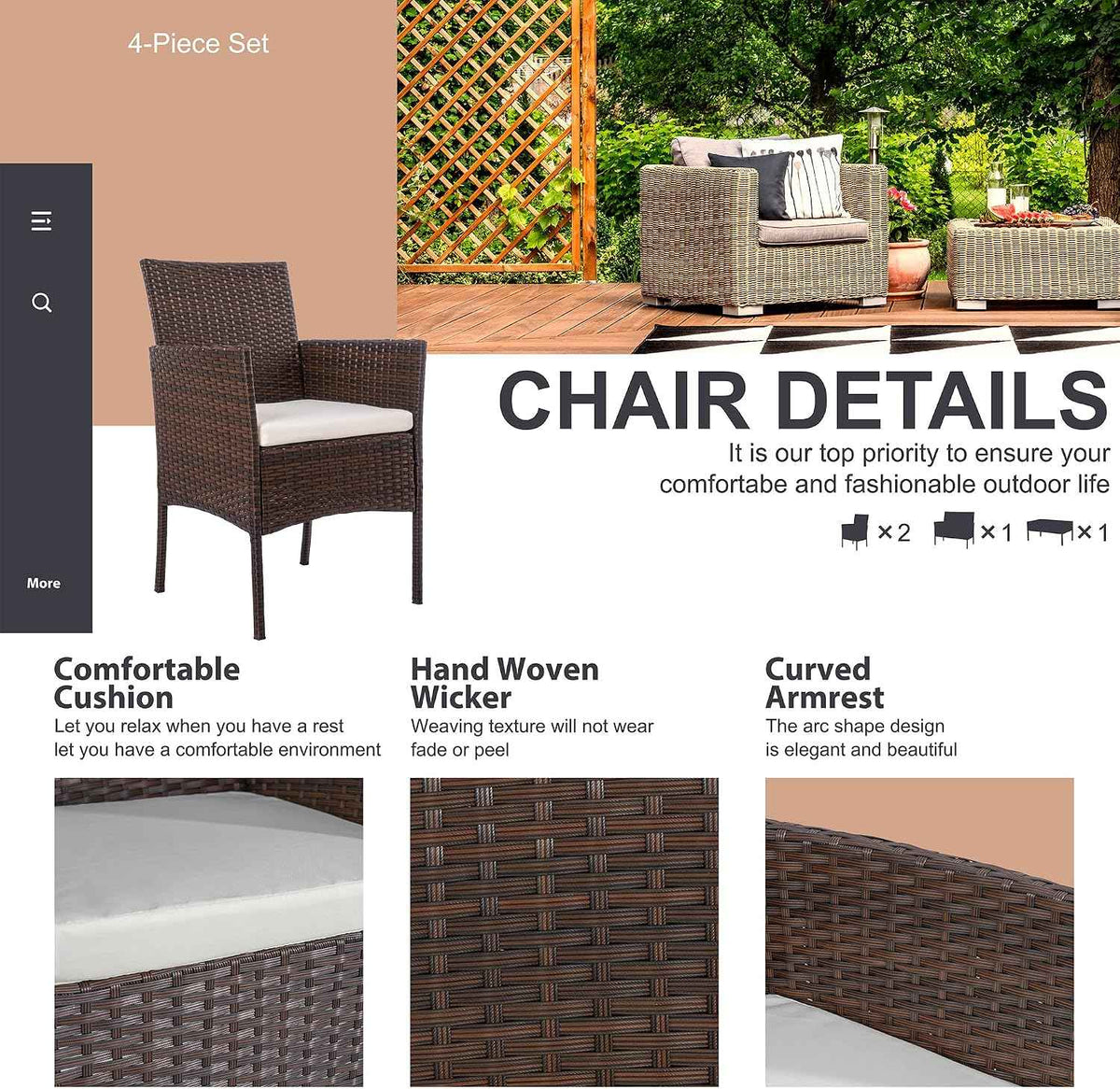 Shintenchi 4 Piece Outdoor Patio Furniture Set, Wicker Rattan Patio
