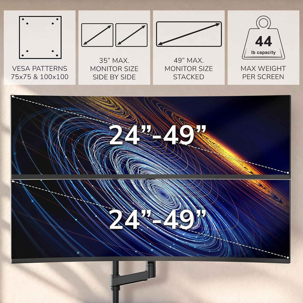 Mount-It! Dual Ultrawide Monitor Desk Mount for 17–49” Screens, Height-Adjustable Stacking Arms with Pole, Heavy Duty Gas Spring, Full Motion, VESA 75/100, Clamp or Grommet