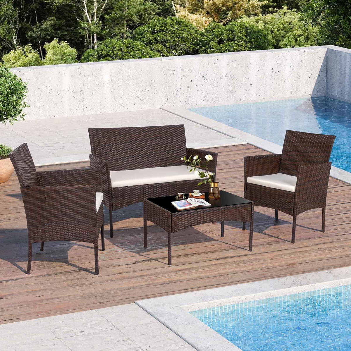 Shintenchi 4 Piece Outdoor Patio Furniture Set, Wicker Rattan Patio