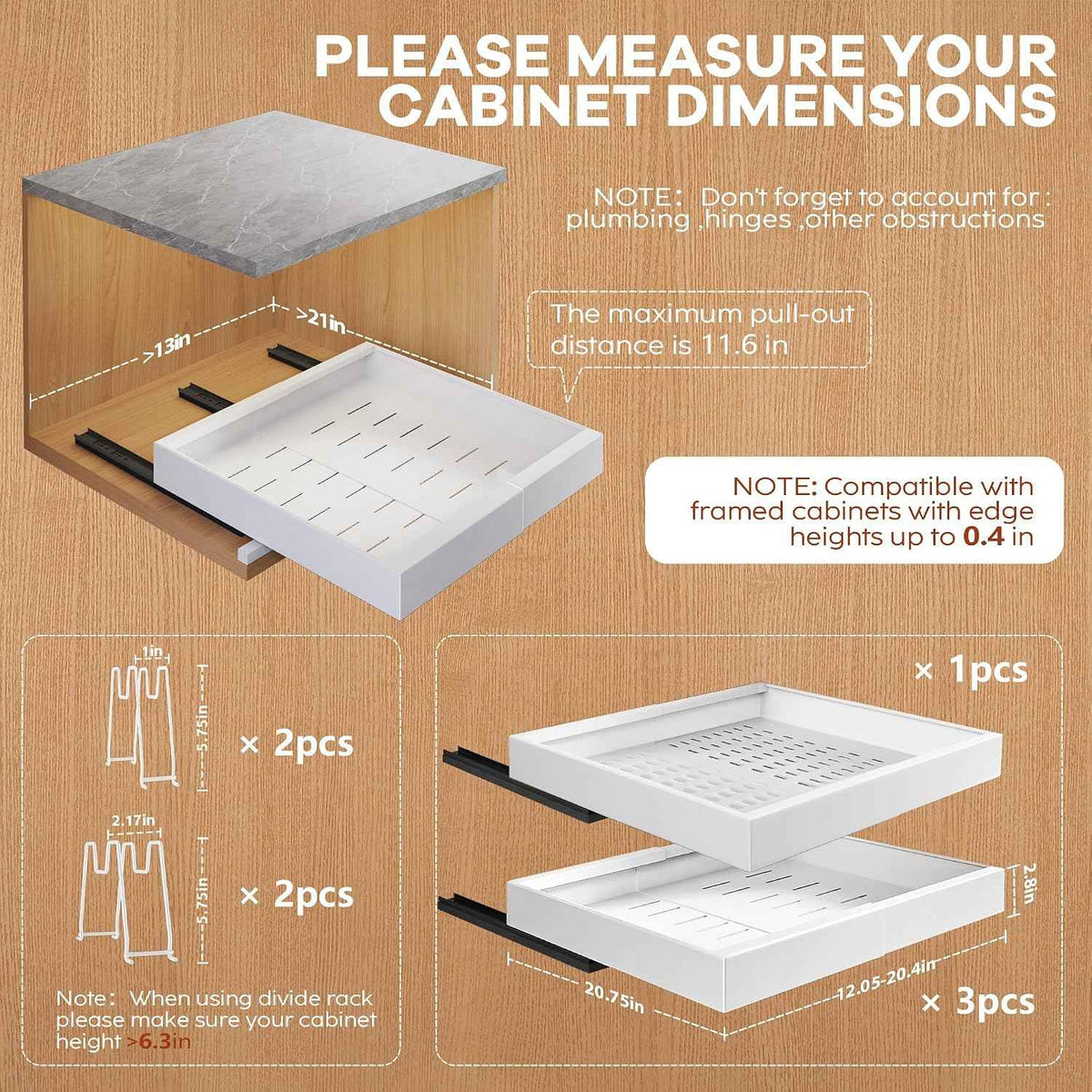 Seinloes 4 Pack Pull Out Cabinet Organizer, 21" Deep, White