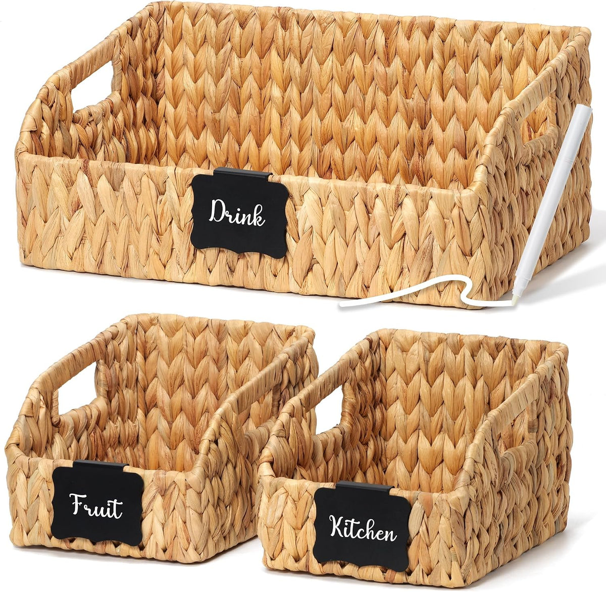 Pantry Baskets and Organizers, Large Wicker Baskets for Shelves, Handwoven Labeled Storage Basket for Organizing with Handles-Water Hyacinth Storage Bins, Boho Decorative, 3Pack, Natural - Field & Nook