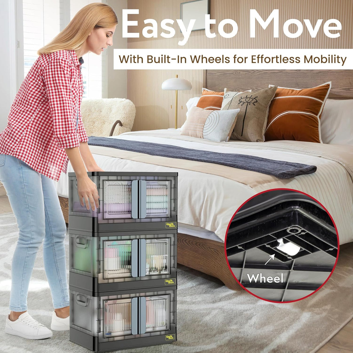 Quik Box - 8.5 Gallon 3-Pack Stackable Storage Bins with Doors & Wheels - Collapsible Organizer for Dorms, Bedroom & Home - Durable Polystyrene - Black - Field & Nook