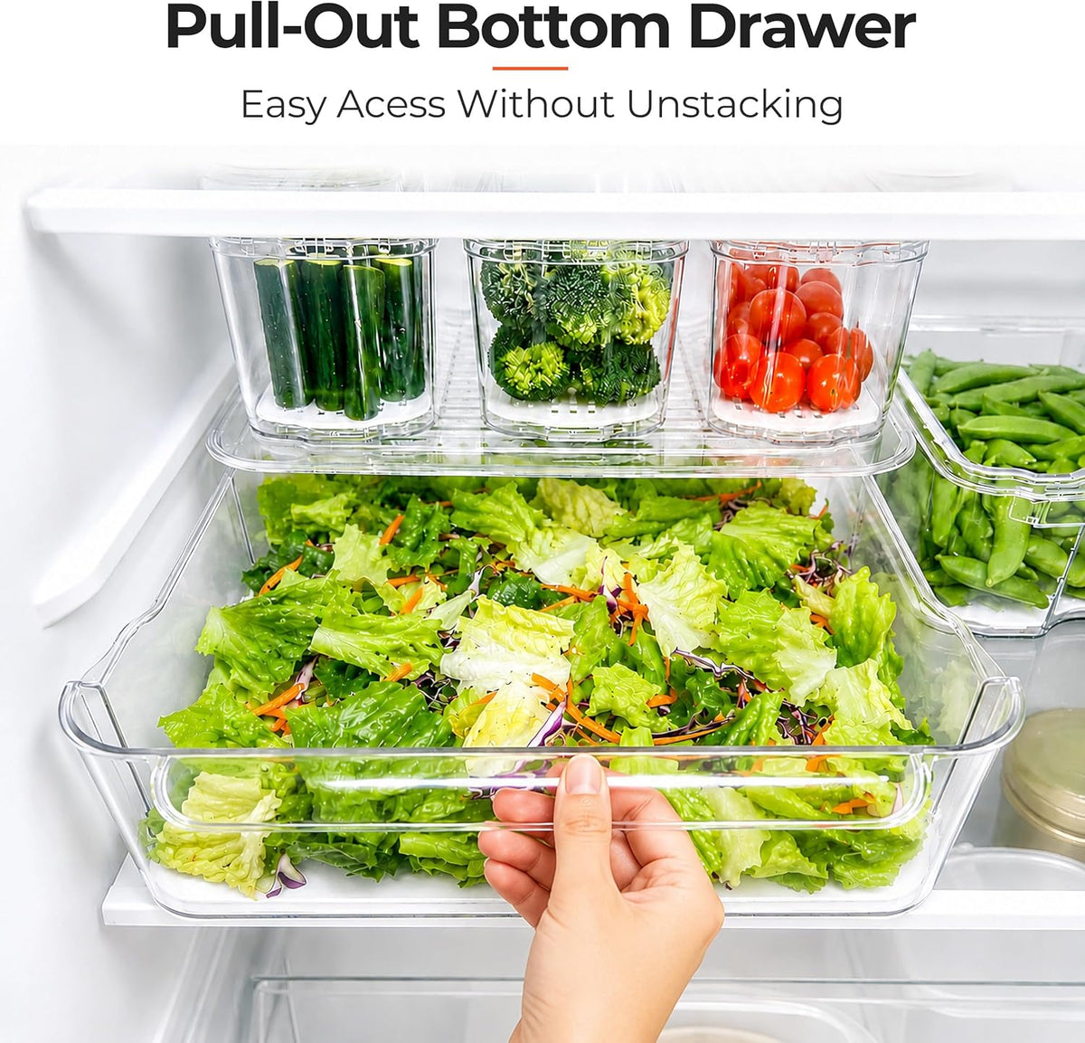 SMRCAD Clear Fridge Bins with Drain Trays - BPA-Free PET, Stackable(8 Pack) | 8 Pack: 1 Drawer + 7 lidded Bins, Helps Keep Produce Fresh, 18.3L Capacity, Hand Wash Only - Field & Nook