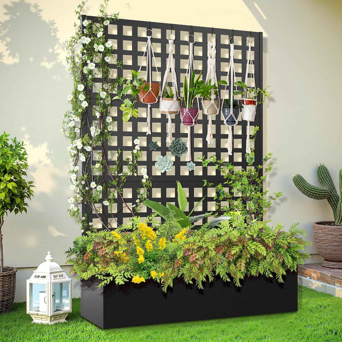 Metal Raised Garden Bed, Trellis Planters Bed with Drainage Holes for Climbing Plants, Vegetables Outdoor Privacy Screen with Planter Box 73"x47"x16", Black