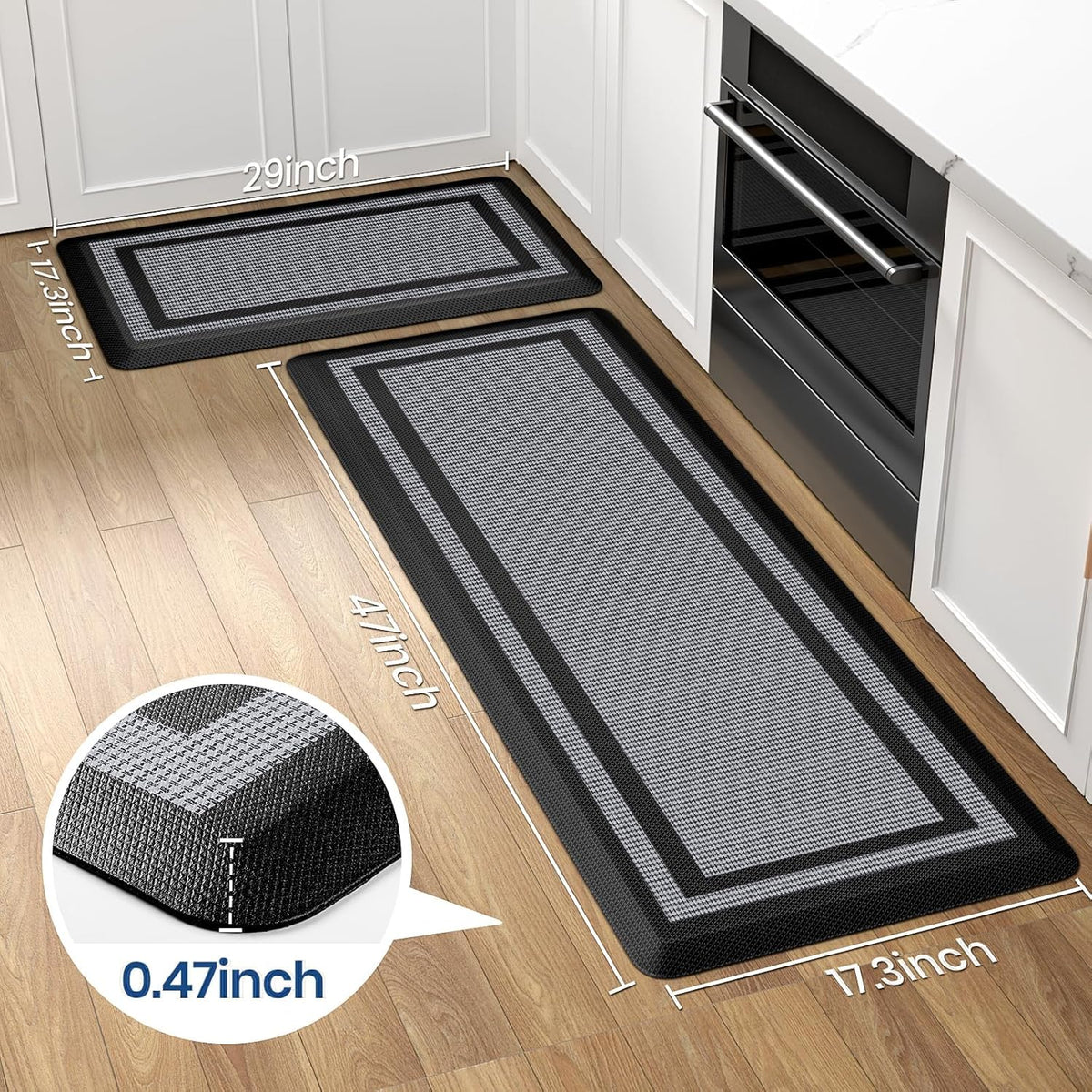 Waterproof Kitchen Mat Set – Two Black Cushioned Anti-Fatigue Rugs