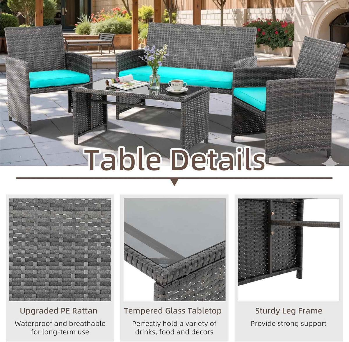 4 Piece Patio Ratten Set Outdoor Furniture Set Wicker Conversation