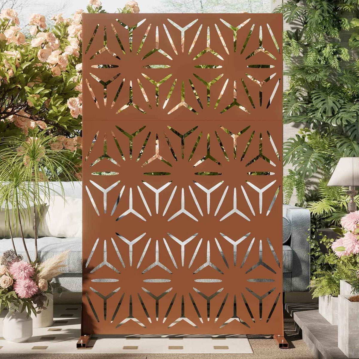 Cofar Metal Privacy Screen Outdoor 72" H×44" W -Brown Freestanding Outdoor Privacy Panels with Stand, Decorative Fence for Patio, Deck, Balcony（Floral）