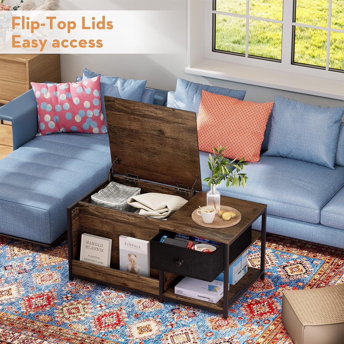 SINPAID Coffee Table with Hidden Storage, Walnut