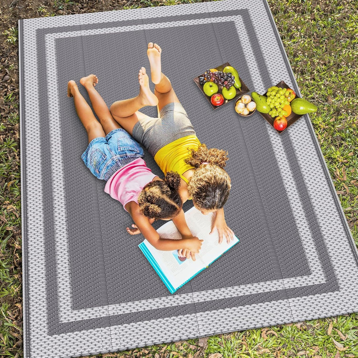 Outdoor Rug Portable Plastic Straw Camping Rugs for Outside RV | Large Reversible Waterproof Outdoor Area Rugs for Patio,Deck,Porch,Balcony(5'x 8',White&Gray)
