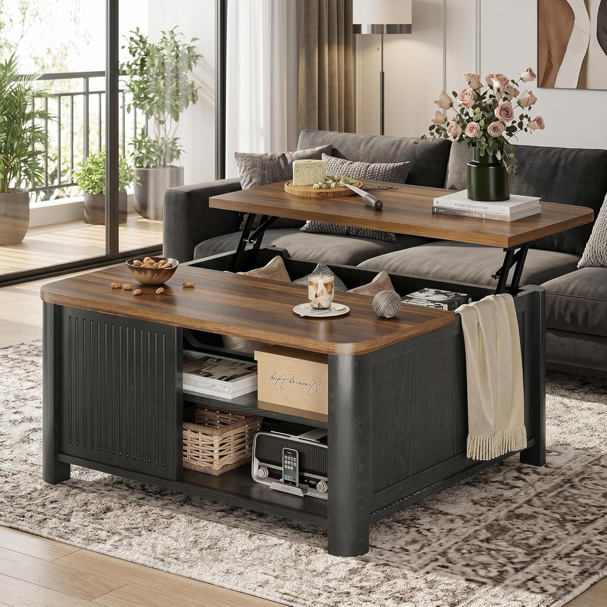 Decofy Lift Top Coffee Table with Storage and Shelves