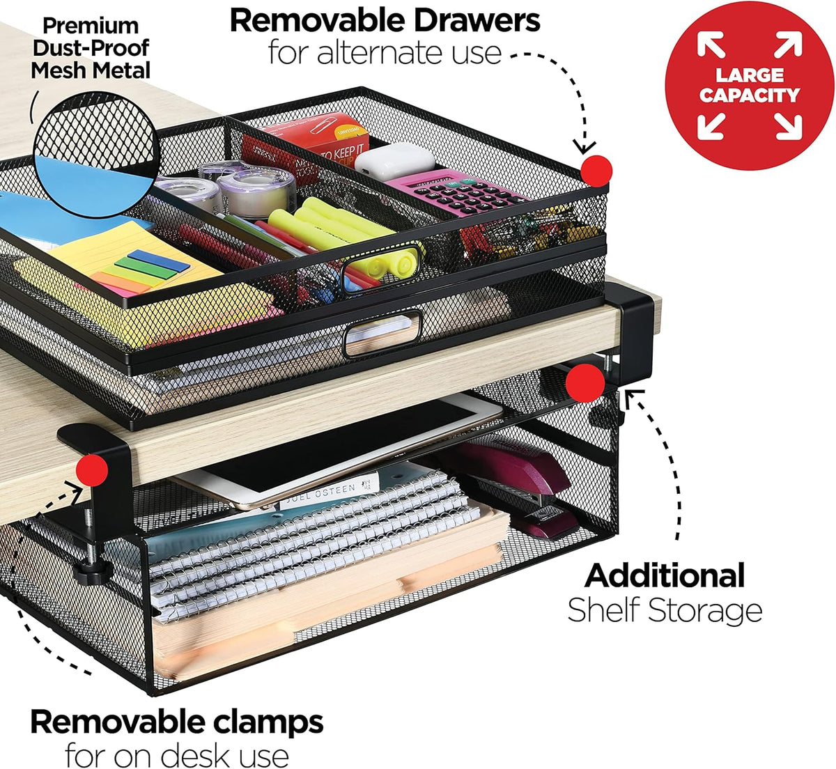 Homeify Under Desk Drawer Organizer Clamp-On, Mesh Metal Drawer Attachment, 2 Drawer Slide Out, On Or Under Desk Organizer For Office Supplies & Home Essentials (2 Drawers) - Field & Nook