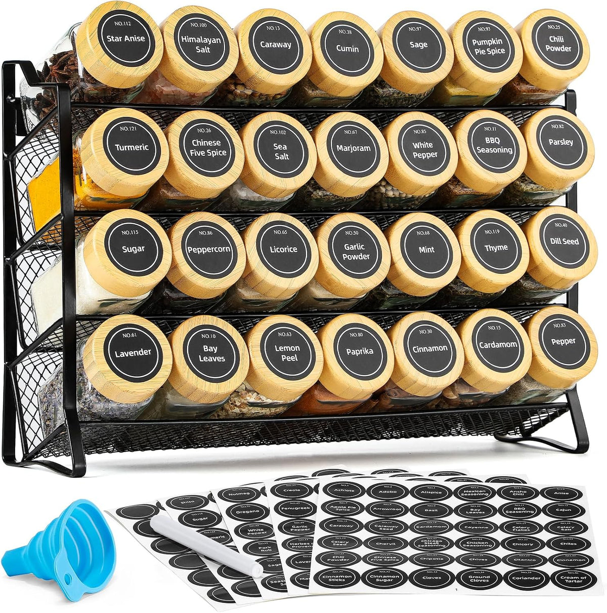 Spice Rack Organizer for Cabinet – 28 Empty Spice Jars with Bamboo lids - Field & Nook