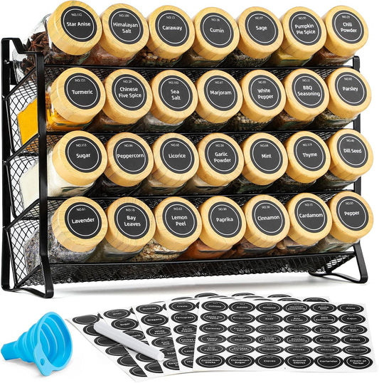Spice Rack Organizer for Cabinet – 28 Empty Spice Jars with Bamboo lids - Field & Nook