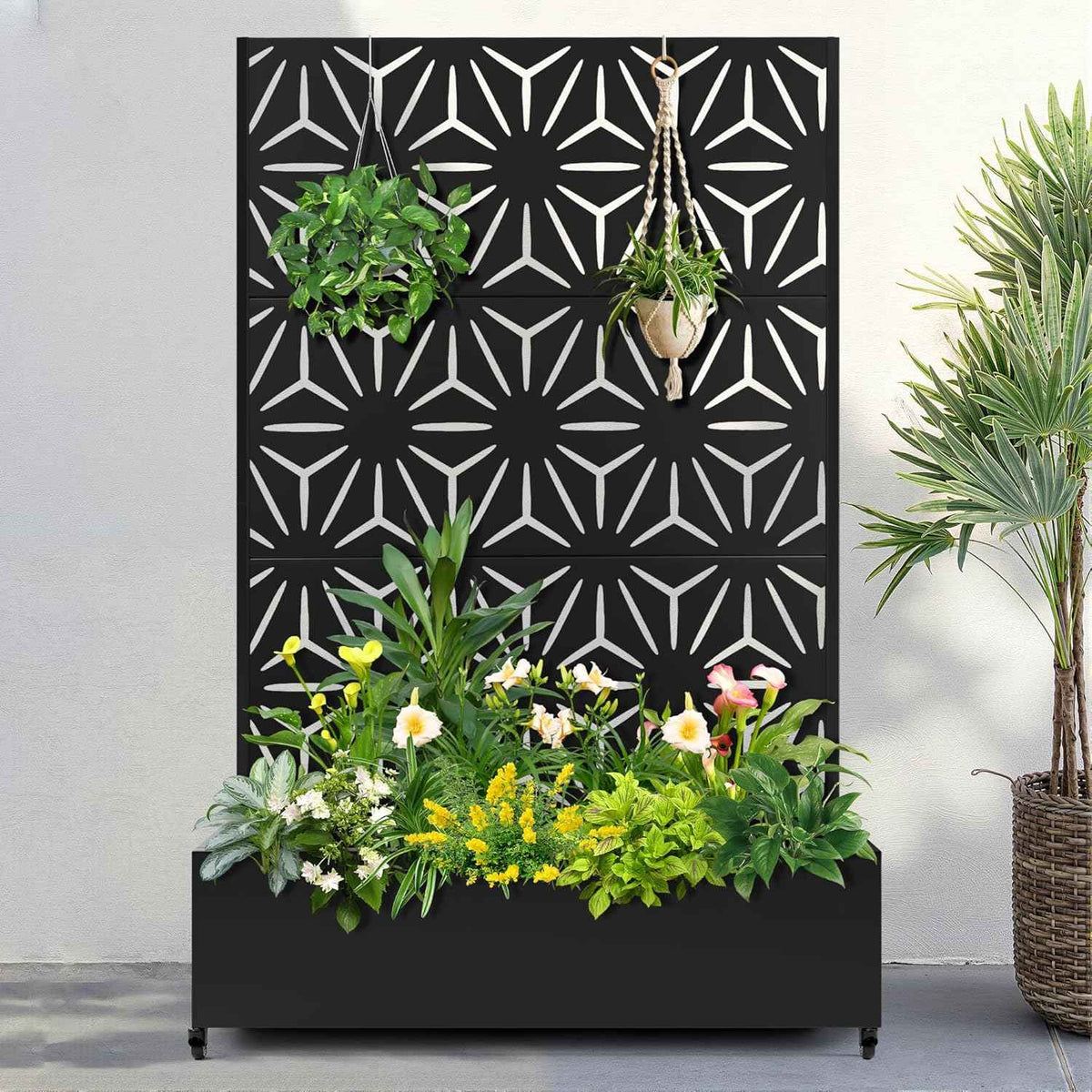 FENCY Metal Raised Garden Bed with Wheels and Trellis,73"x47"x16" Planter Box for Climbing Plants, Vegetables & Vines, Features Privacy Screen and Drainage Holes (Black-Star)
