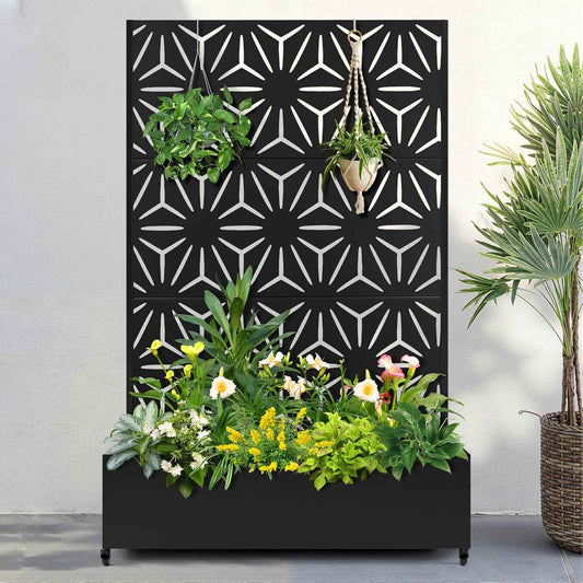 FENCY Metal Raised Garden Bed with Wheels and Trellis,73"x47"x16" Planter Box for Climbing Plants, Vegetables & Vines, Features Privacy Screen and Drainage Holes (Black-Star)