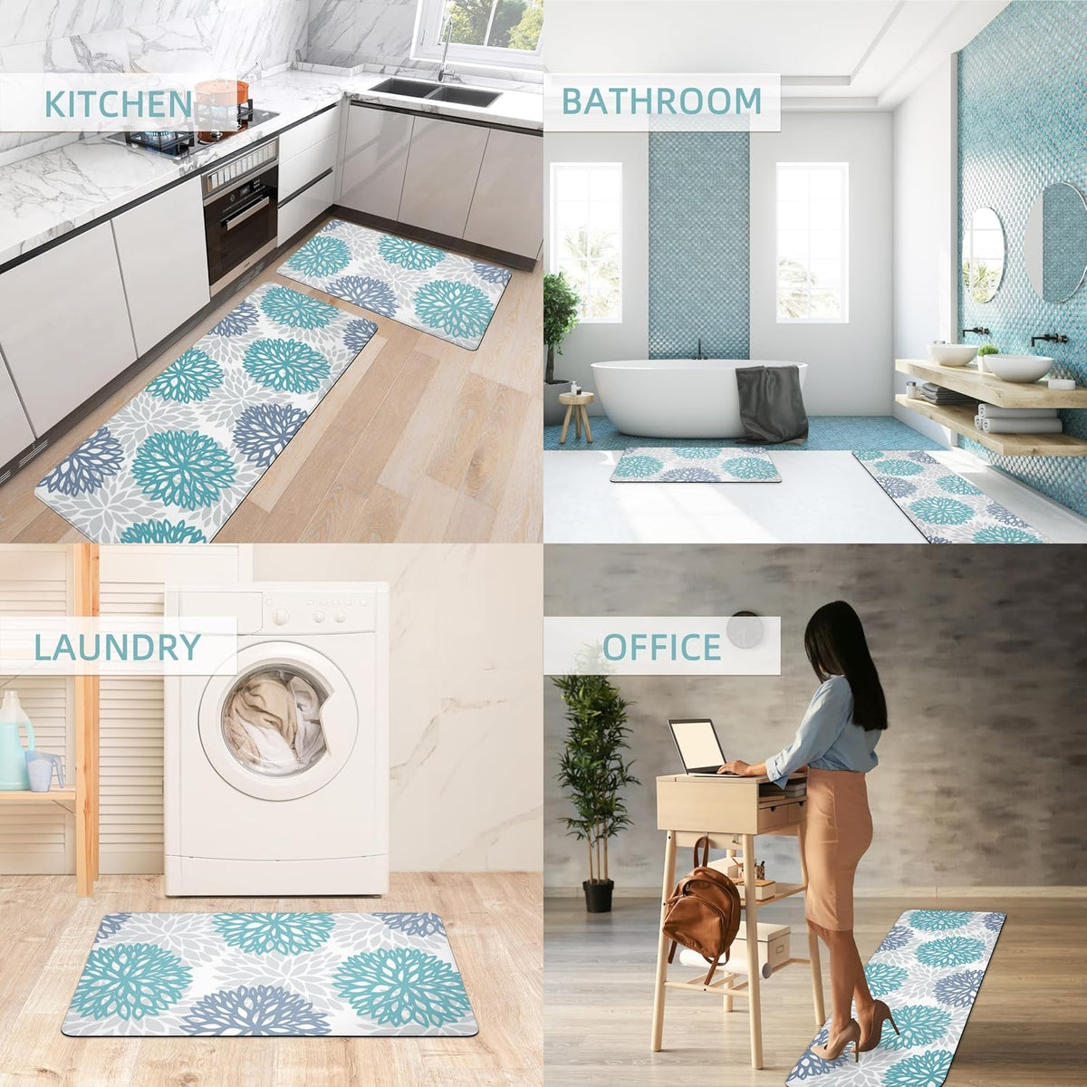 Teal Kitchen Mats Set of 2 Cushioned Anti Fatigue Kitchen Rugs Non Slip Waterproof Runner Memory Foam Kitchen Floor Mat Comfort Standing Mat for Sink,Office,Laundry