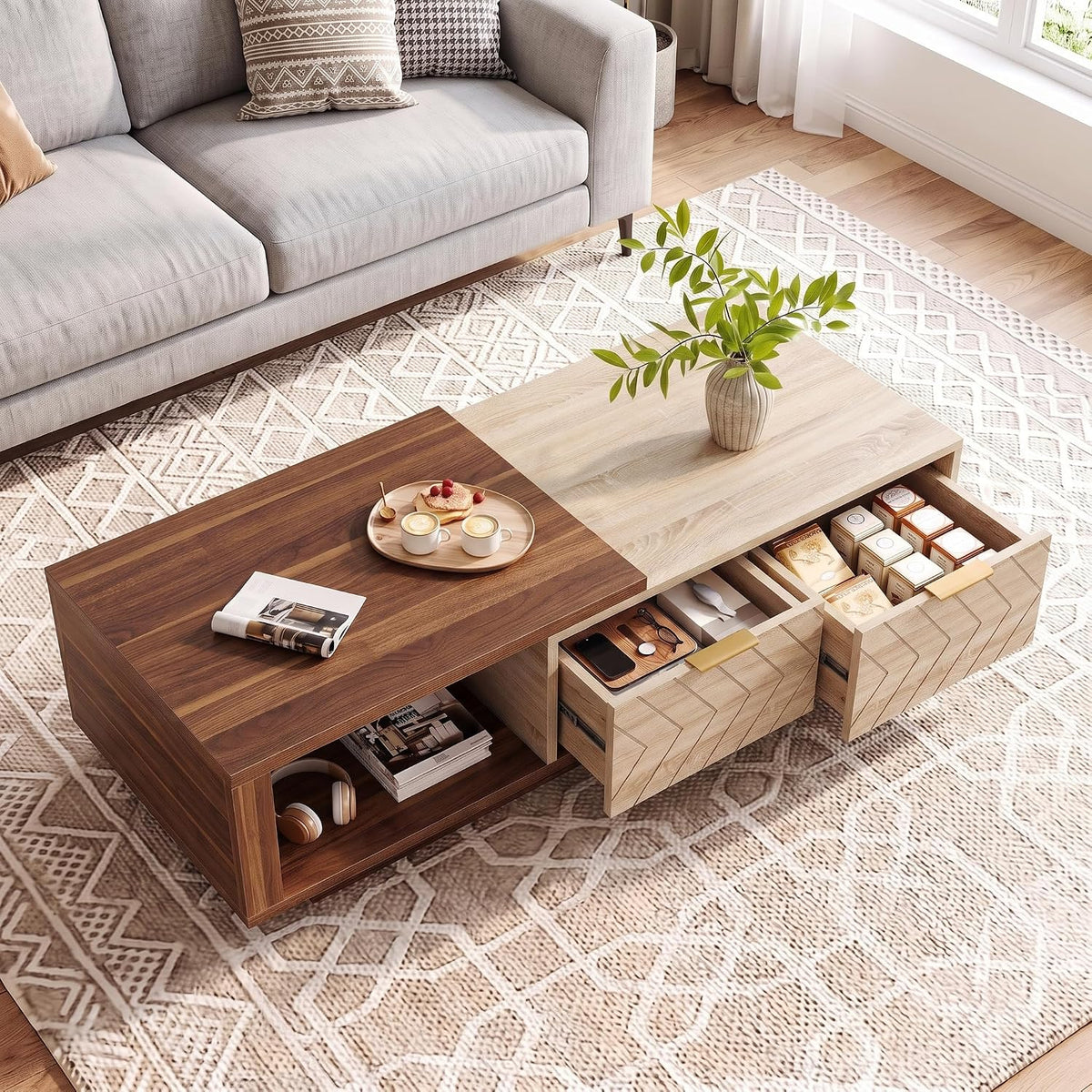 LITTLE TREE Expandable Coffee Table with 2 Drawers, Walnut & Oak
