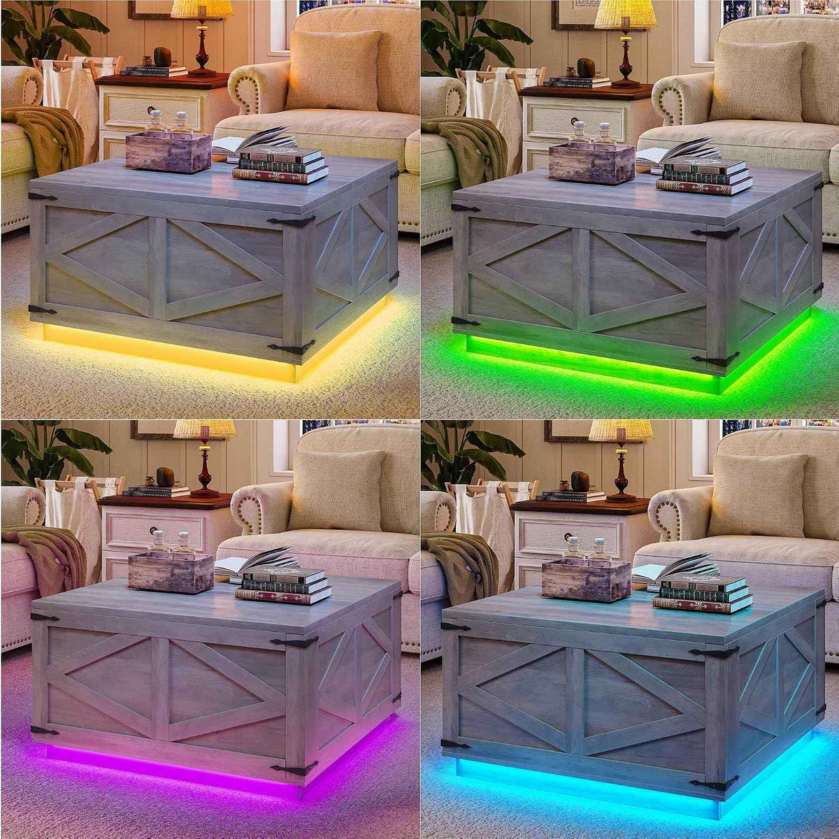 Jocoevol Lift Top Coffee Table with LED Lighting, Rustic Grey