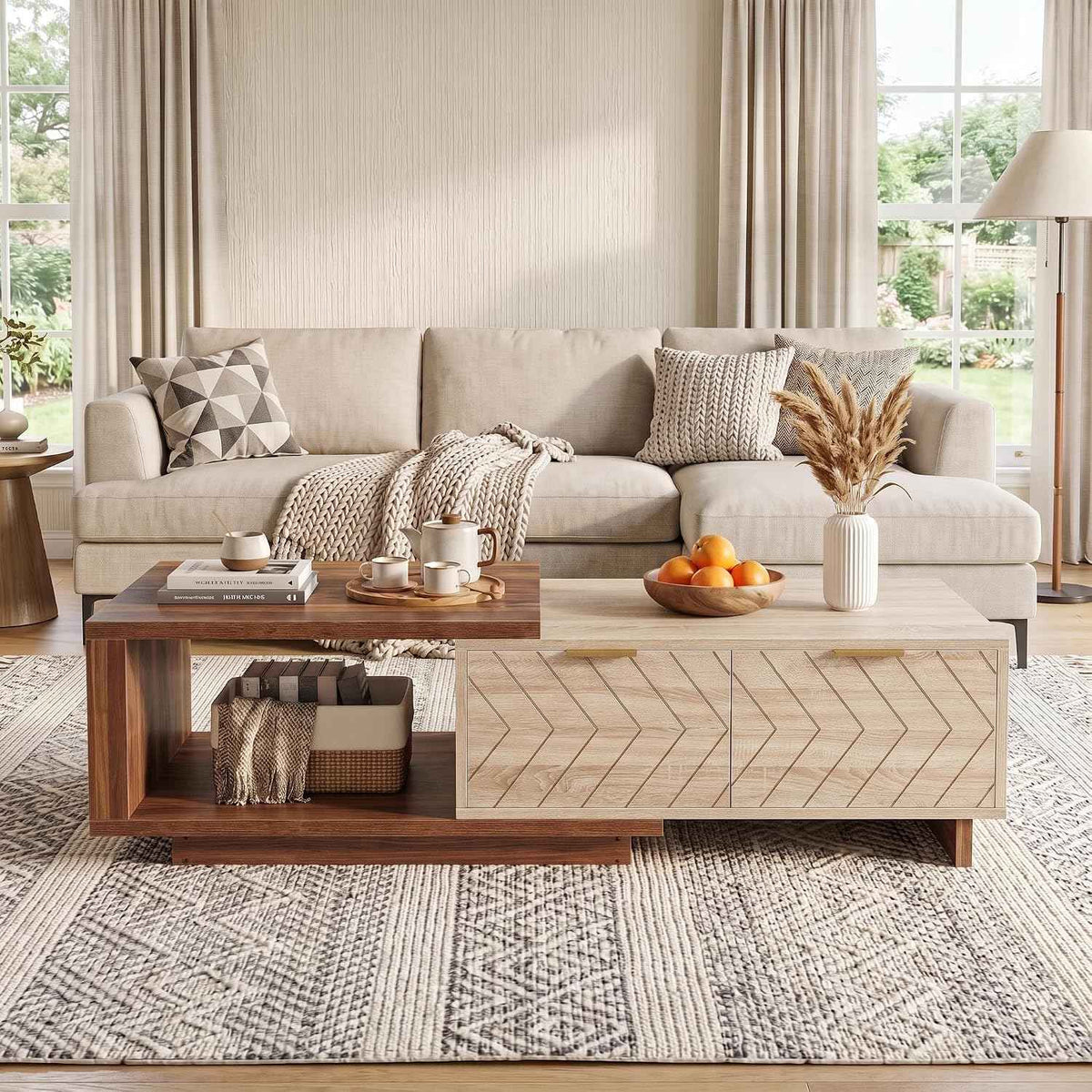 LITTLE TREE Expandable Coffee Table with 2 Drawers, Walnut & Oak