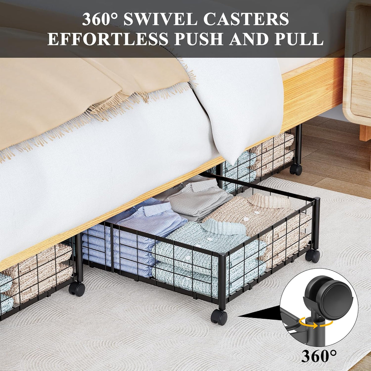 Hleelomi Under Bed Storage with Wheels, 360° Rotating, No-Assembly Underbed Storage Containers, 2PACK - Field & Nook