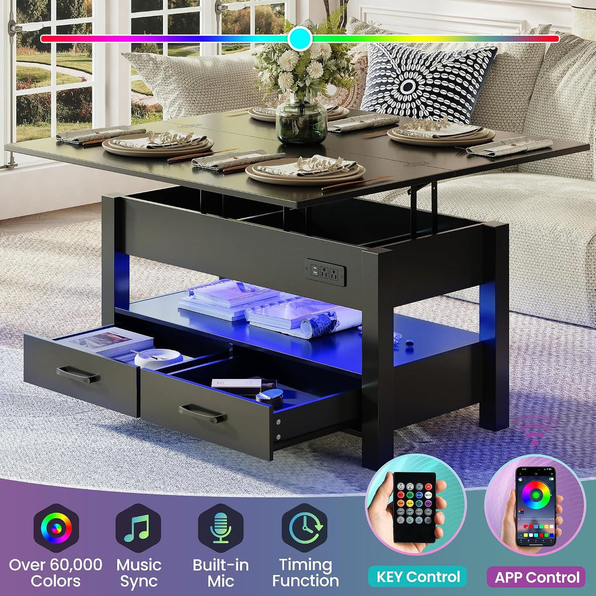 MALOL 40" Lift Top Coffee Table with Storage Drawers, Black