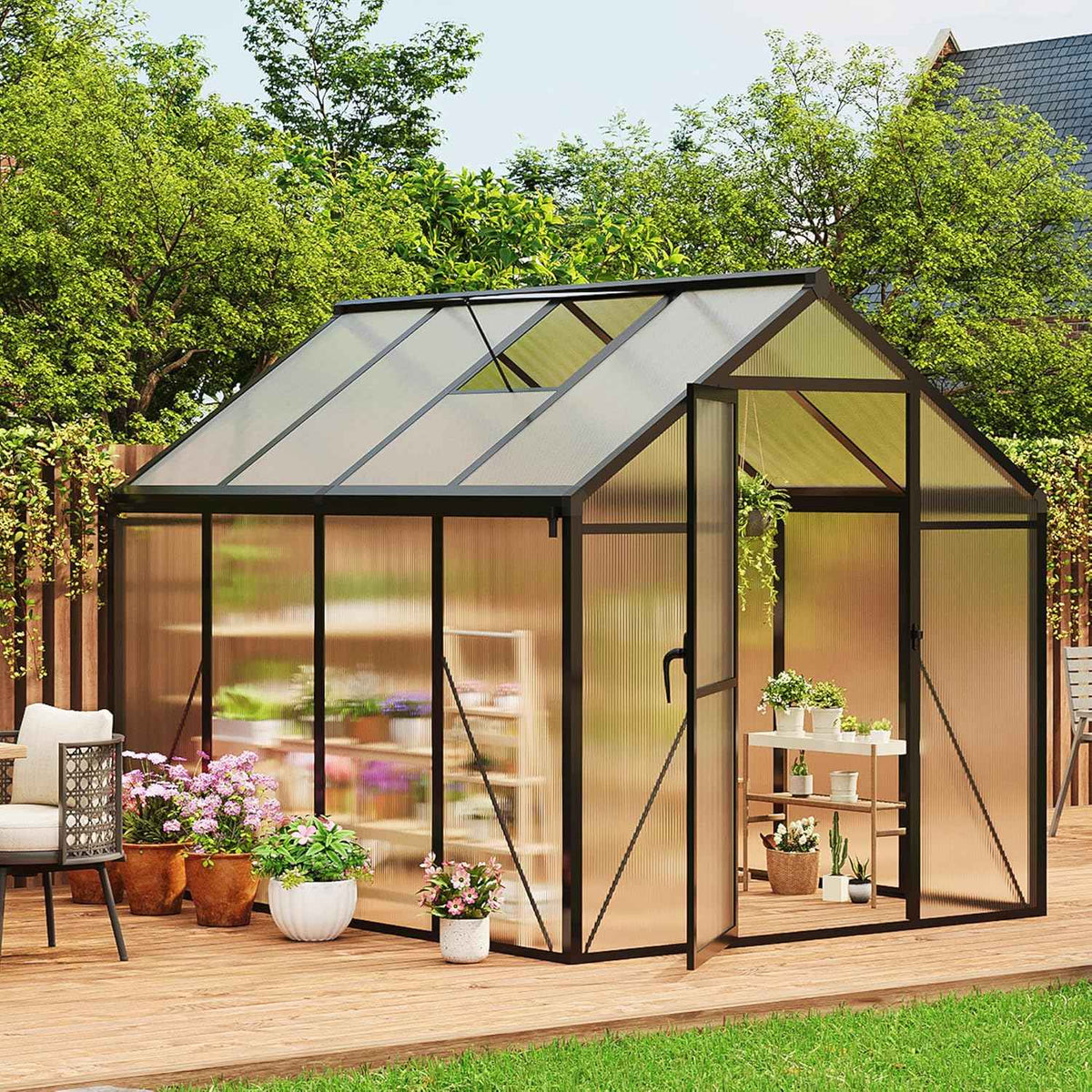 Garvee 6 x 8 FT Greenhouse, Greenhouses for Outside, Polycarbonate Greenhouse with Aluminum Frame, Lockable Door and Ajustable Roof Vent for Backyard, Green Houses for Outside Garden Backyard, Patio