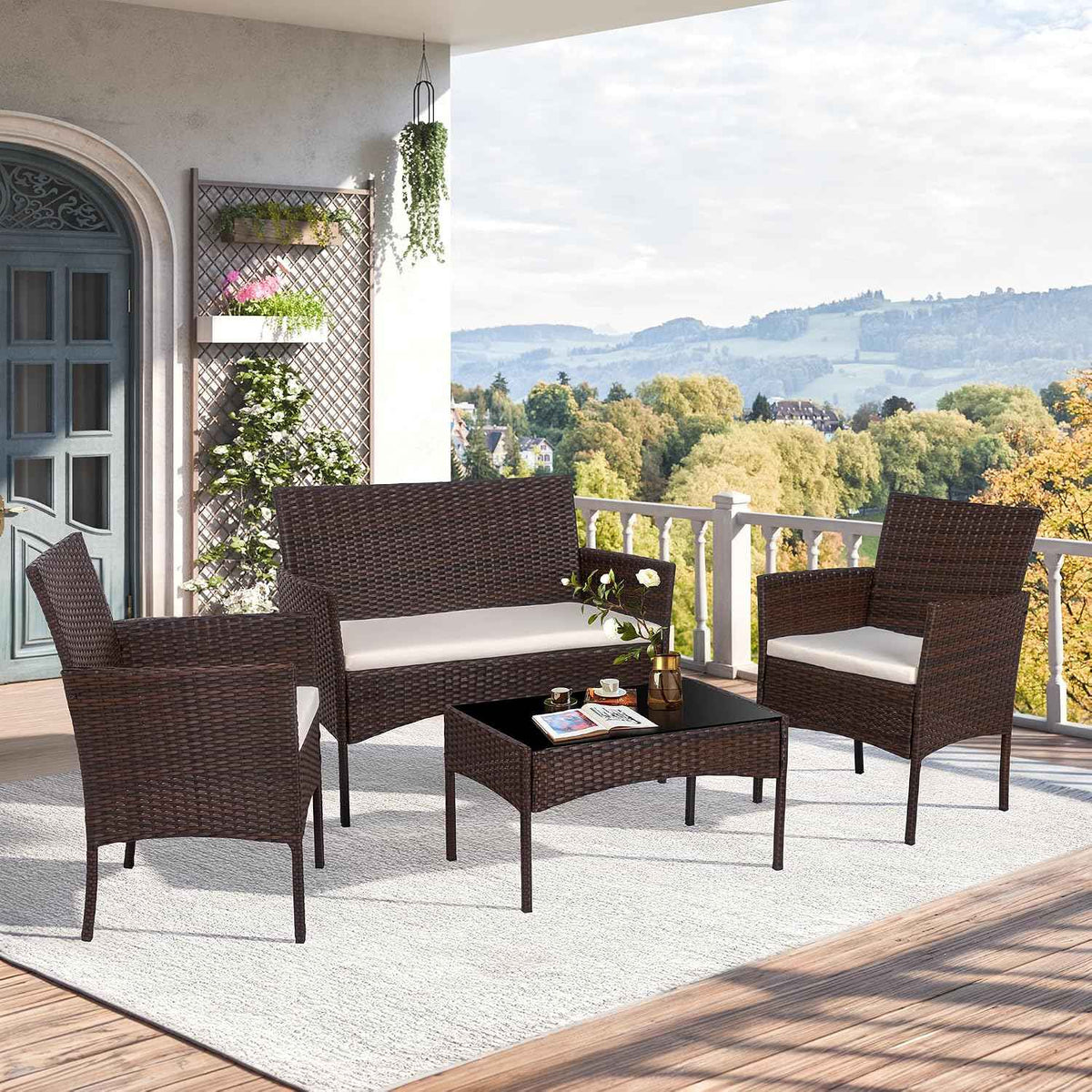 Shintenchi 4 Piece Outdoor Patio Furniture Set, Wicker Rattan Patio