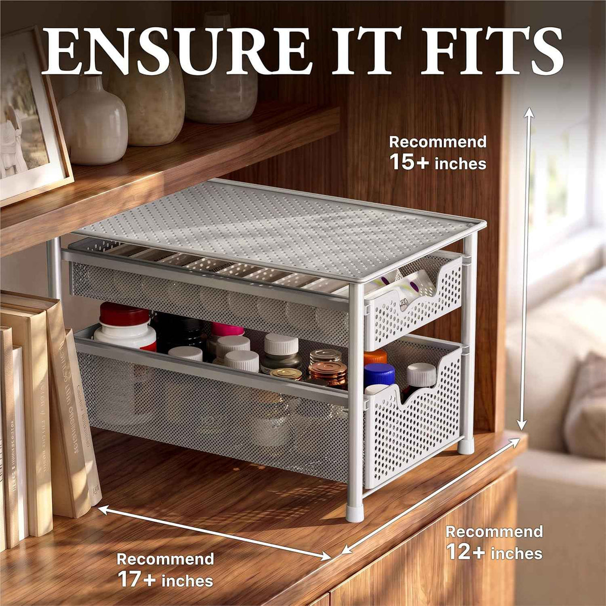 Simple Houseware Stackable 2 Tier Sliding Basket Organizer, White