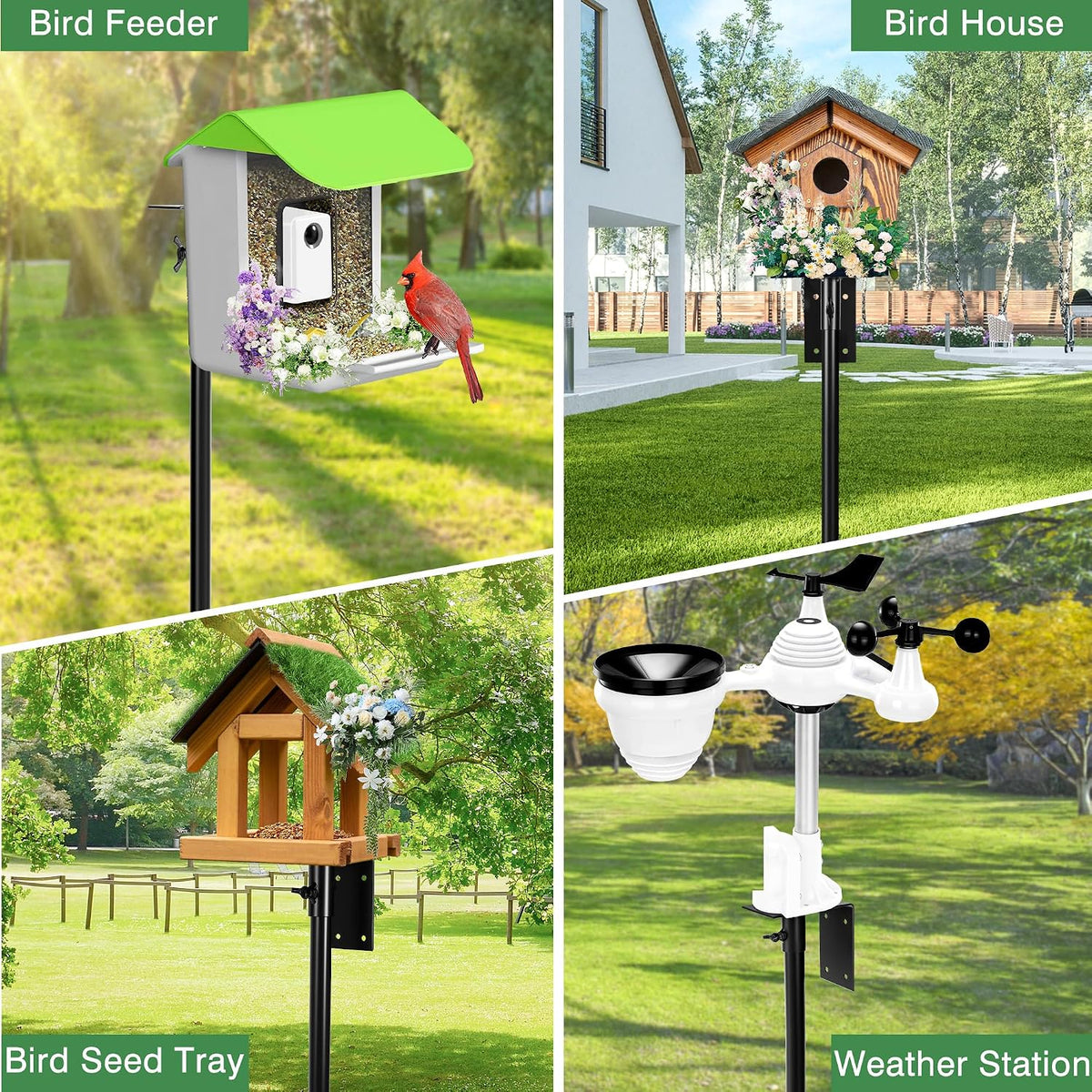 YINGYM Bird House Pole for Outdoors with Metal Squirrel Baffle, 95 Inch | Adjustable Bird Feeder Stand Pole with 2-Hooks for Hanging, Heavy Duty Metal Mounting Kit for Garden, Backyard and Patio