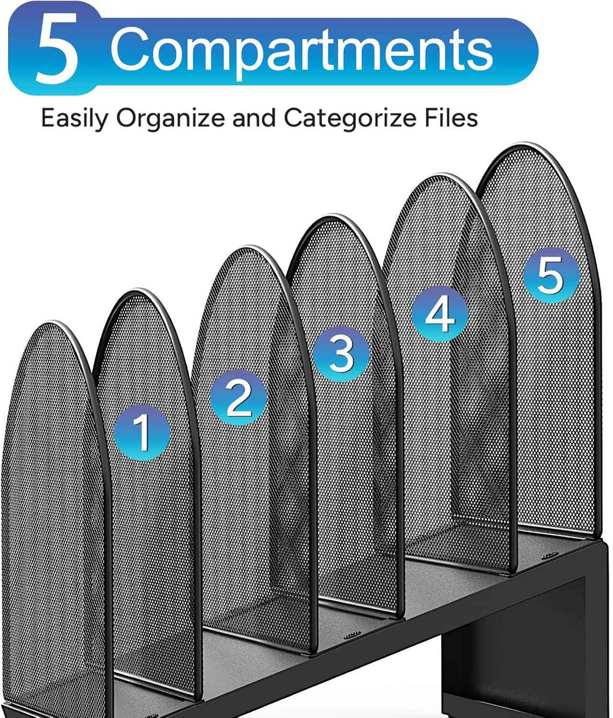 gianotter Desktop File Organizer with 5 Compartments | Desk Organizer Paper Organizer for Desk Workspace Organizers for Office Supplies (Black, Inclined Style)