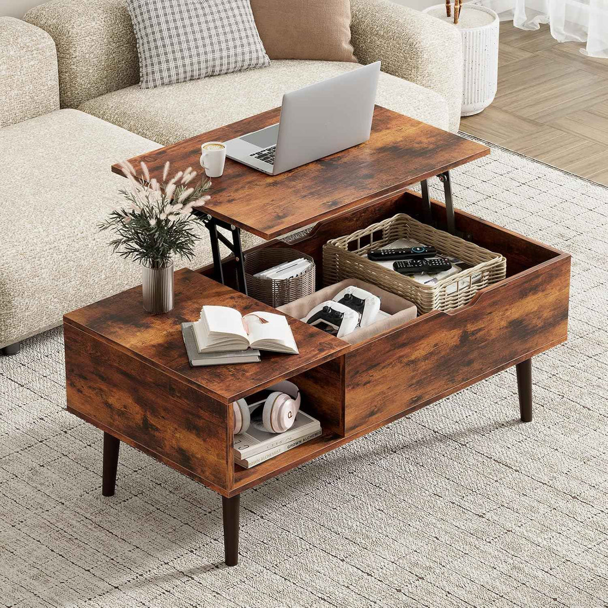 Coffee Table with Hidden Storage, Rustic Brown