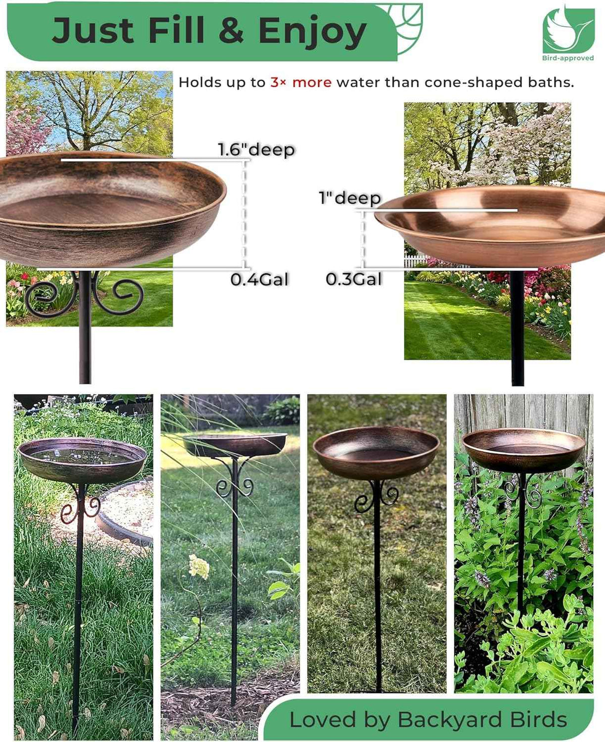 10" Small Metal Bird Bath with Stake, Outdoor Birdbath for Garden | 5-Prong Stake, Adjustable Height, Rust Resistant Finish, Easy Assembly, Shallow Bowl Design, Lawn Patio Decor