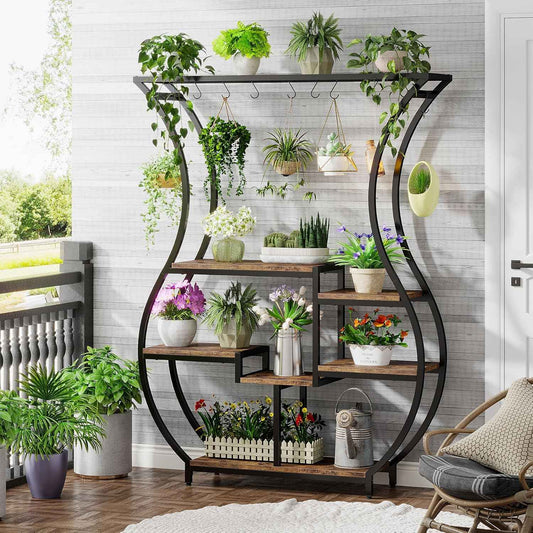 Tribesigns 6-Tier Plant Stand, 70.9 Inch Tall Plant Shelf with 10 Hanging Hooks, Vase Shape Ladder Plant Stand, Multi-Purpose Plant Display Rack for Indoor, Balcony, Living Room, Brown and Black