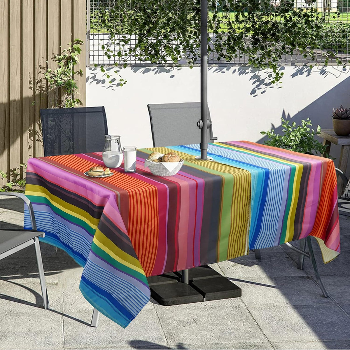 Outdoor Tablecloth with Umbrella Hole and Zipper, Rectangle Patio Table Covers for Spring/Summer, Machine Washable Outdoor Picnic Table Cloth (02stripes, 60" × 84" Rectangular)