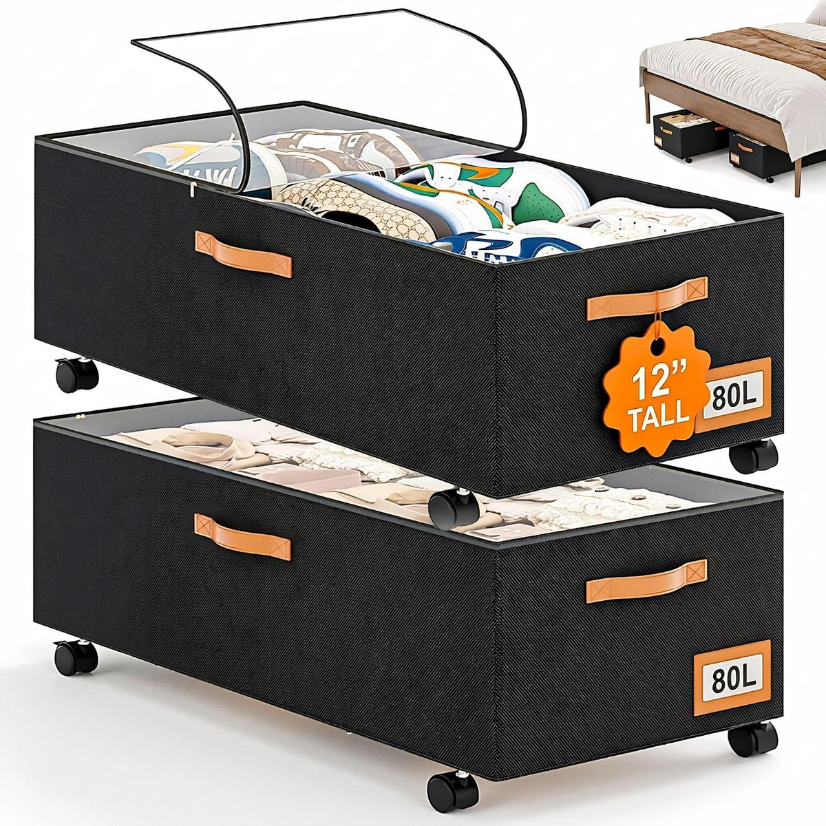 Under Bed Storage with Wheels, 12" Height Under Bed Storage Extra Deep Under Bed Storage Containers, Perfect for 14'' Bed Frame, No Assemble Metal Rolling Underbed Storage for Clothes Shoes Blankets - Field & Nook