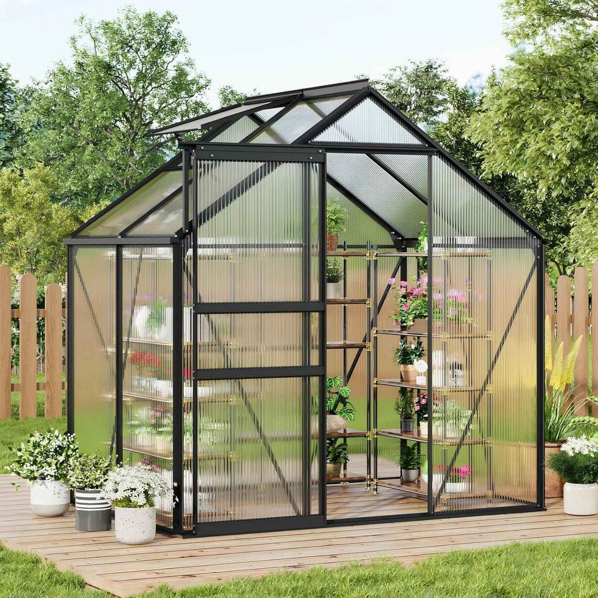 6x4 ft Greenhouse, Walk in Polycarbonate Greenhouses for Outdoors with Roof Vent&Sliding Door, Heavy Duty Green House with Aluminum Frame for Outside Garden Backyard, Patio, Lawn, Black