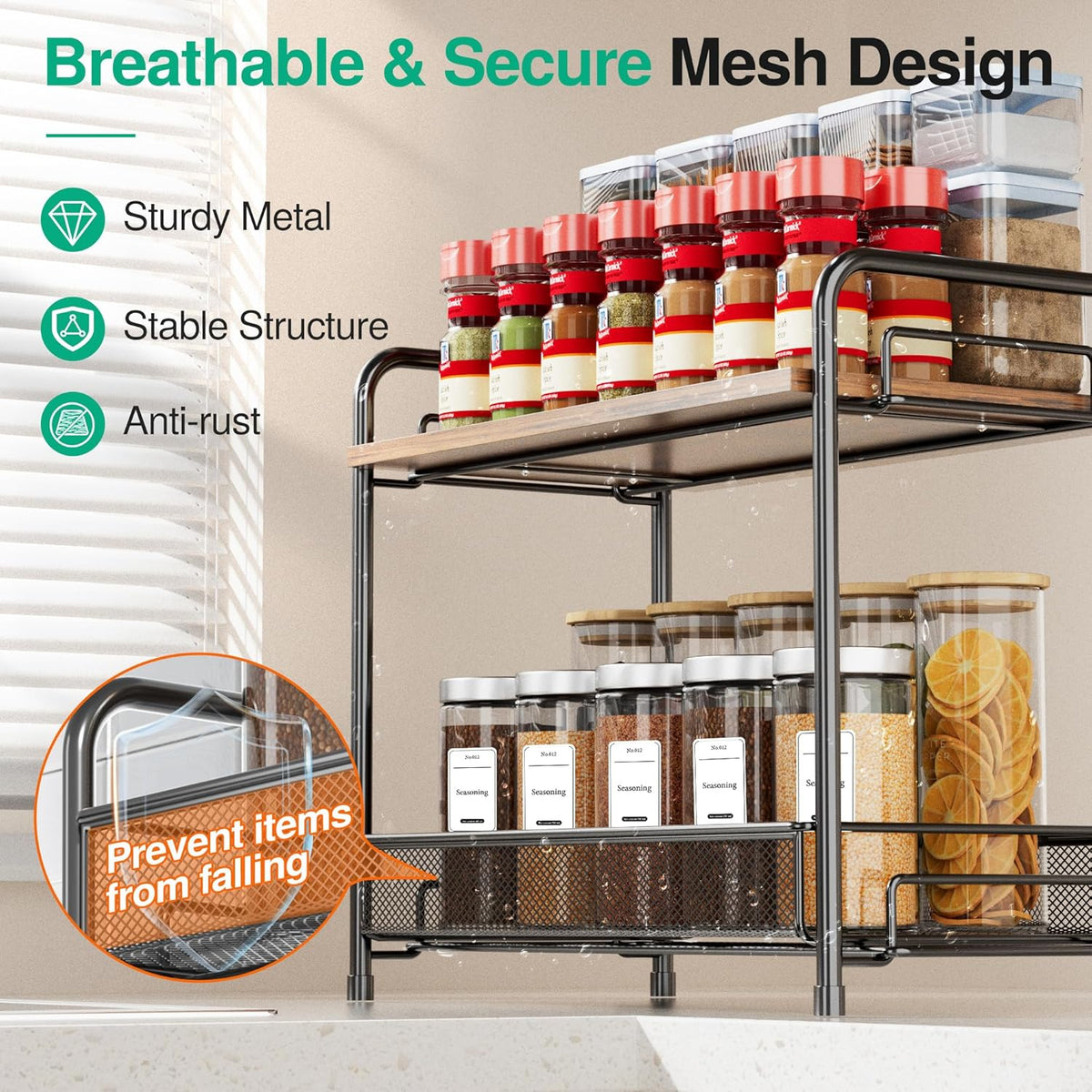Spice Rack Organizer for Countertop with Wood Top – Black - Field & Nook