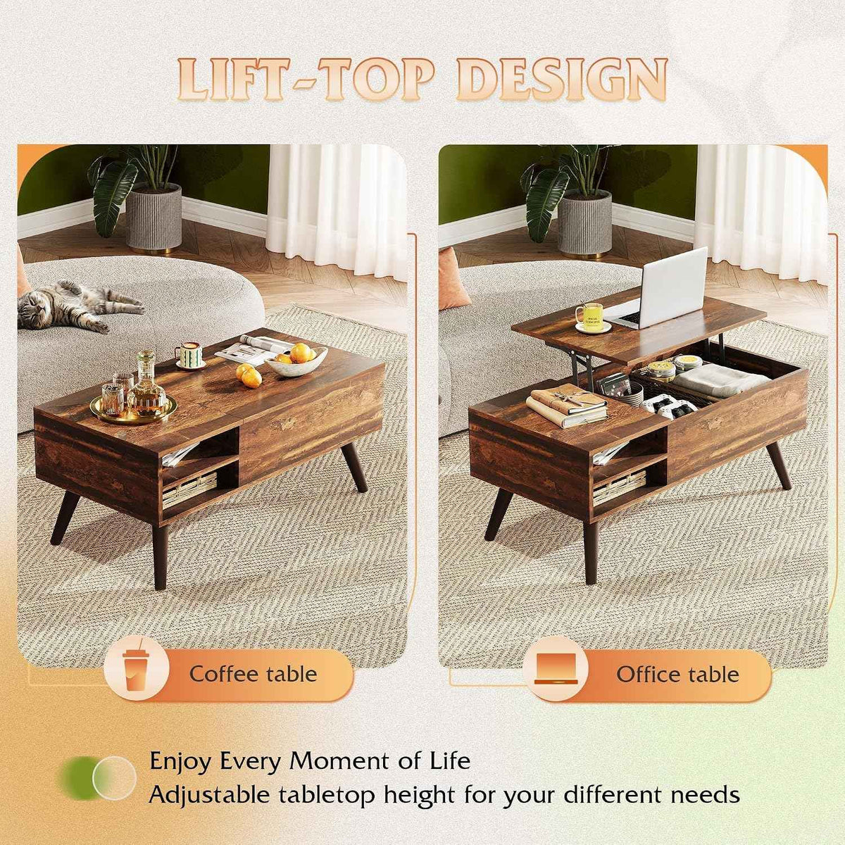 WLIVE 39.4" Lift Top Coffee Table with Hidden Storage, Brown