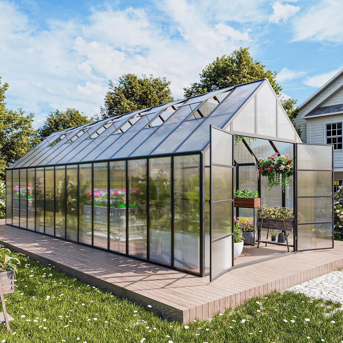 CDCASA 10x28 FT Greenhouse for Outdoors,Large Easy Assembly Thicker Aluminum Polycarbonate Greenhouses w/6 Windows, Double Door, Walk-in Green House for Outside,Patio,Backyard,Garden