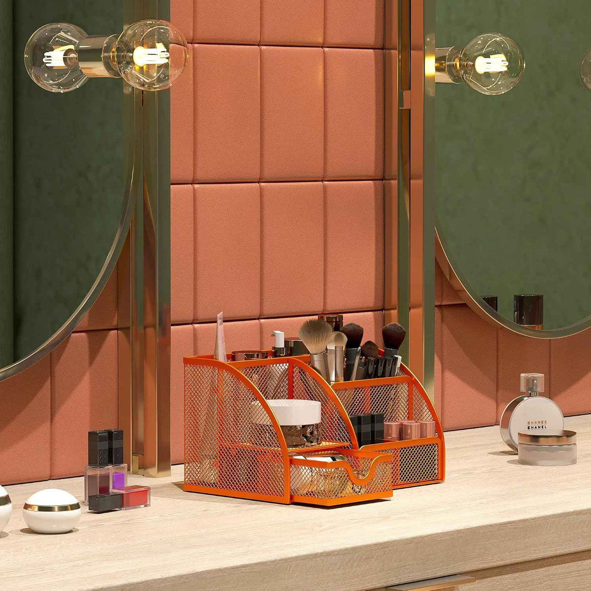 EasyPAG Mesh Desk Organizer with Drawer Multi-functional Pen Holder Stationery Organizer for Office School Supplies 6 Compartments Dorm Organizers and Storage for Desk, Orange