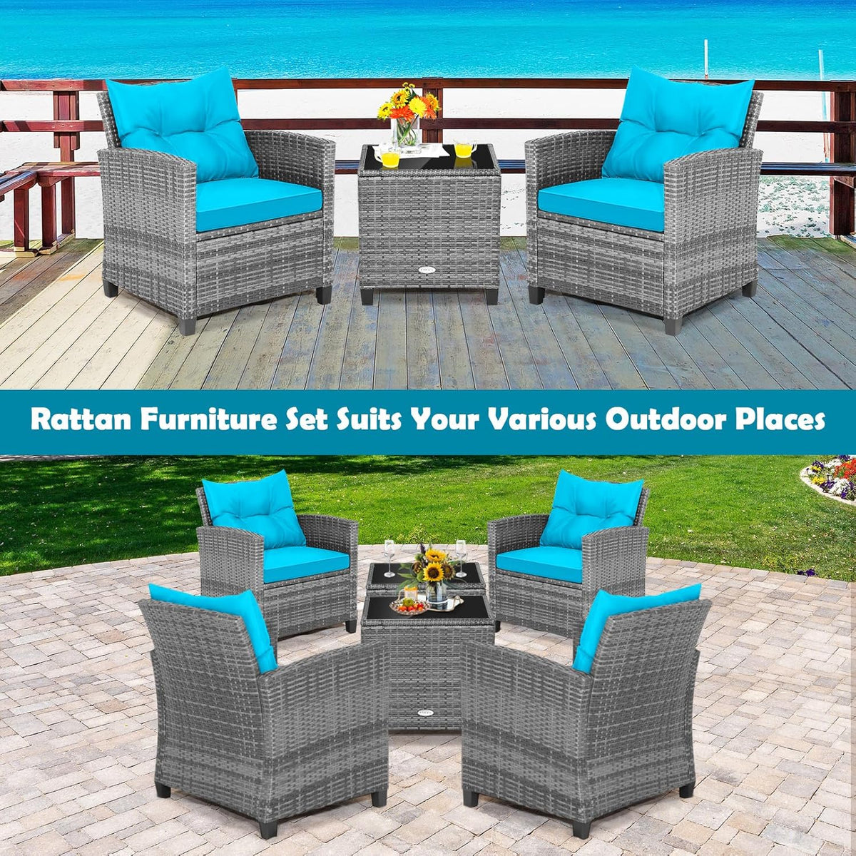 Tangkula 3 Pieces Patio Furniture Set, Outdoor PE Rattan Conversation