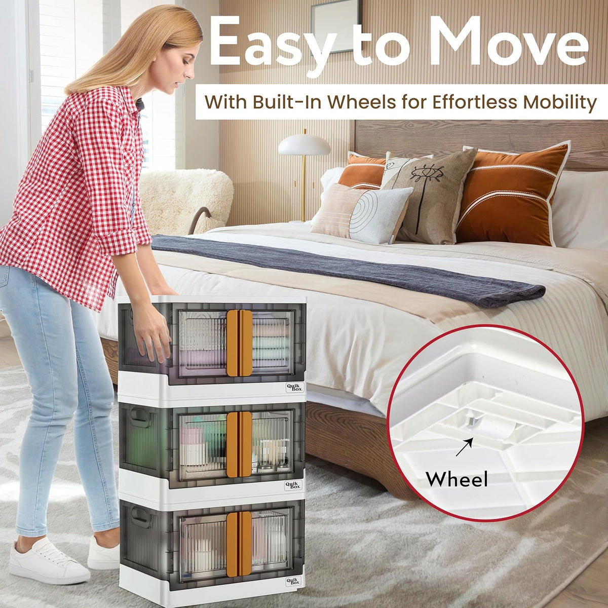 dbest products Quik Box - 8.5 Gallon 3-Pack Stackable Storage Bins with Doors & Wheels - Collapsible Organizer for Dorms, Bedroom & Home - Durable Polystyrene - White - Field & Nook